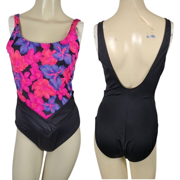 Secret Solutions Other - Vintage Secret Solutions one piece Women's Swimsuit pink purple floral black 12